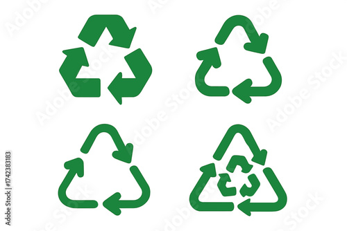 Recycling symbol vector icon set. Green environmental symbols for ecology and sustainability. Waste reduction and reuse concept. Eco friendly graphic element collection.