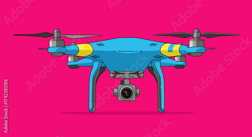 Cartoon Style Blue Drone with Camera and Yellow Accents on a Pink Background.