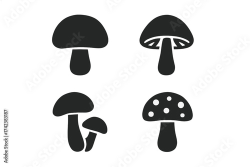 Mushroom icon set vector collection. Simple flat fungus silhouette symbols. Fungi, champignon, toadstool, agaric glyphs for graphic design. Forest nature food illustration.