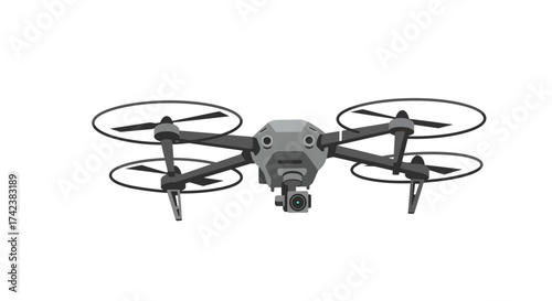 Gray Quadcopter Drone with Camera and Propeller Guards.