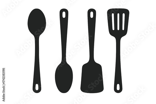 Kitchen utensils icon set. Vector silhouette of cooking tools. Spoon, spatula, ladle, and turner symbols. Flat design elements for culinary, food, and restaurant graphics.