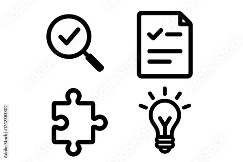 Solution and problem solving icon set. Business idea, creativity, and resolution concept. Vector icons for innovation, strategy, research, and verification. Check, puzzle, search.
