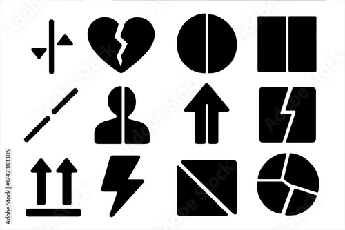 Split icons set. Vector illustration of division and separation concepts. Broken heart, split personality, cracked shapes. Metaphor for conflict, divorce, mental health disorder.