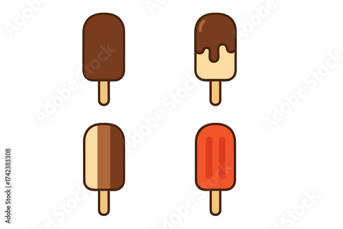 Popsicle ice cream bar on a stick icon set. Vector collection of sweet frozen desserts. Chocolate, vanilla, and fruit flavor treats for summer. Isolated graphic illustration.