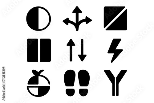 Vector icon set with concepts of split, division, choice, and duality. Arrow for direction, pause button, lightning for energy, and footprints for journey path illustration.