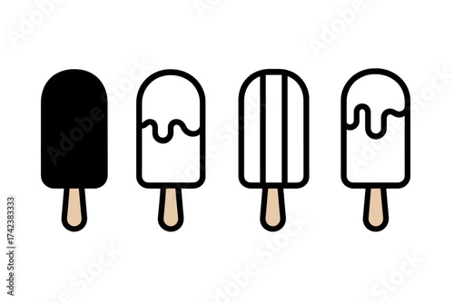 Popsicle icon vector set. Ice cream on a stick collection. Line art, outline, and silhouette graphic elements. Frozen dessert, summer food symbol with chocolate glaze isolated.