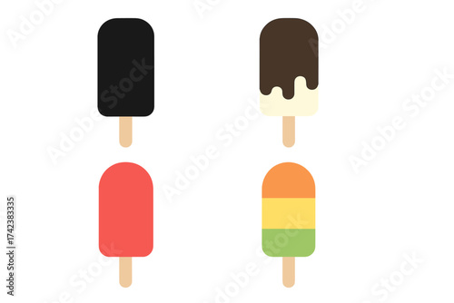 Popsicle ice cream on stick icon set. Vector collection of colorful frozen desserts. Summer food illustration. Chocolate, vanilla, fruit flavors. Isolated ice lolly design.