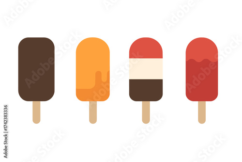 Popsicle icon vector set. Stick ice cream collection isolated. Summer frozen dessert illustration. Chocolate, fruit, orange, vanilla flavor. Cold food sweet treat symbol.