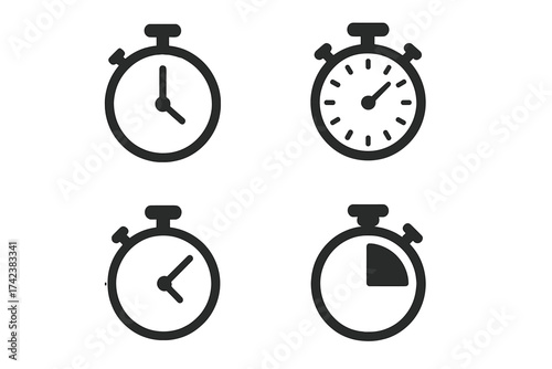 Stopwatch and timer icon set. Simple flat vector illustration for UI UX design. Chronometer, clock face, countdown and deadline symbols. Time management, speed, minute concept.