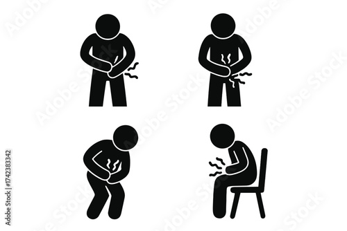 Stomach ache icon set. Man with stomach pain pictogram. Abdominal pain, cramps, indigestion, food poisoning symptoms. Sickness, ache, disease vector illustration.