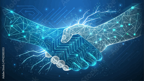 Digital handshake with circuit board pattern and glowing nodes on a blue technological background