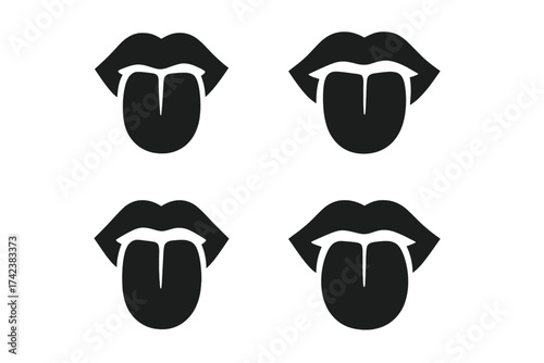 Mouth sticking tongue out icon set. Black silhouette of lips and tongue vector illustration. Graphic element for concepts like taste, lick, rude expression, fun, or defiance.