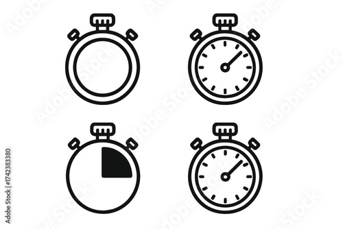 Stopwatch timer icon set. Vector line art chronometer pictogram collection for UI UX design. Time measurement, speed, race, countdown, deadline concept. Isolated illustration.