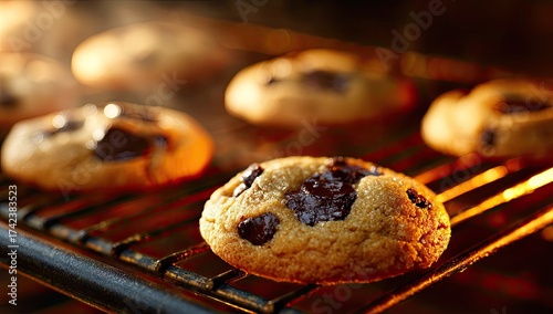 Warm, freshly baked chocolate chip cookies on an oven rack
