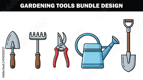 Illustrated gardening tools with shovel, rake, shears, and wateringcan bundle design