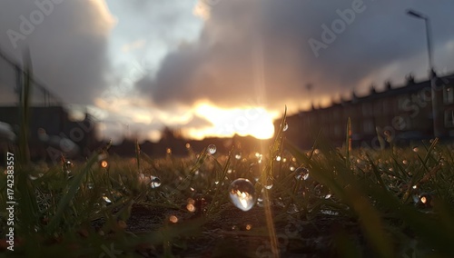 Dewy grass reflects sunrise against houses and cloudy sky