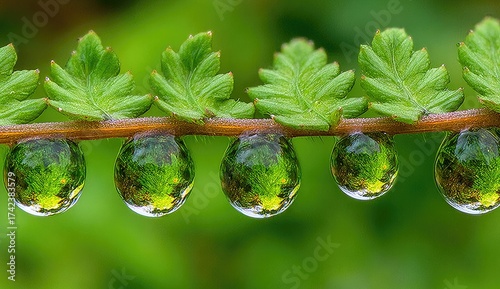 Dew drops cling to a fern frond, reflecting green