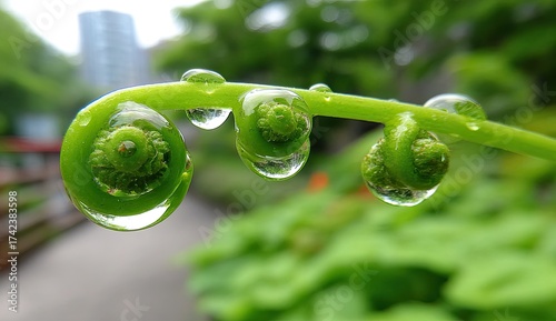 Fern frond with water droplets, vibrant and detailed
