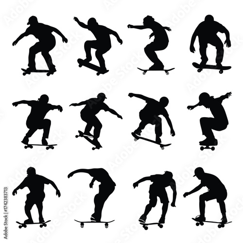 Dynamic skateboarder silhouettes vector illustration scalable eps icon set for sports and action graphics silhouette White background