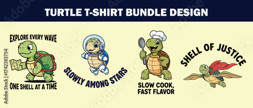 Illustrations of turtles in different professions and costumes bundle design