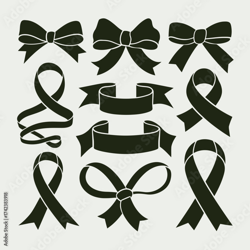 Collection of black ribbon and bow vector illustrations for declarative design projects scalable eps file silhouette White background