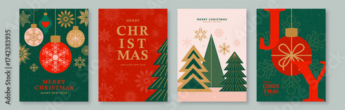 Christmas backgrounds set vector illustration. Modern greeting merry xmas and happy new year with typography, christmas tree, ball, snowflake. Winter geometric pattern with textured effect