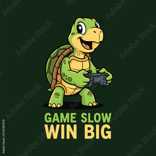 Cartoon turtle holding a gamepad with game slow win big text below design