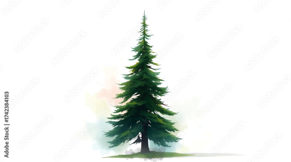 Fototapeta premium Watercolor illustration of an evergreen Christmas tree on a white background