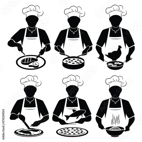 Chef cooking food illustrations silhouette vector scalable eps graphic elements for culinary designs silhouette White background
