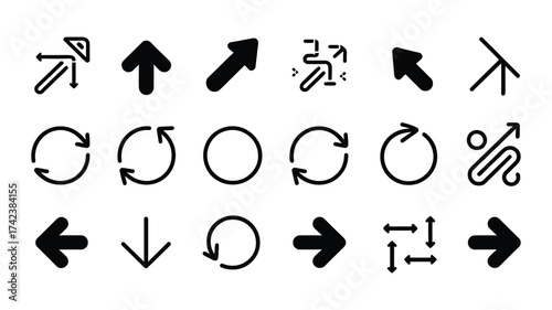 Set of universal arrow icons for web and mobile user interface design, including refresh, reload, and navigation symbols