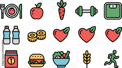 Health and wellness icons set showing diet, exercise, and lifestyle choices for balanced living and overall well being
