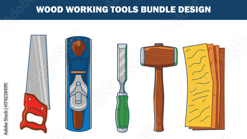 Illustration of carpentry instruments including saw plane chisel mallet bundle design