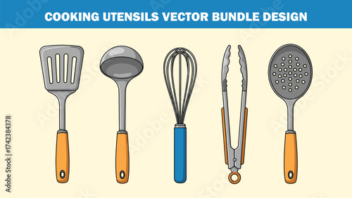 Illustration of five different cooking tools on a light background bundle design