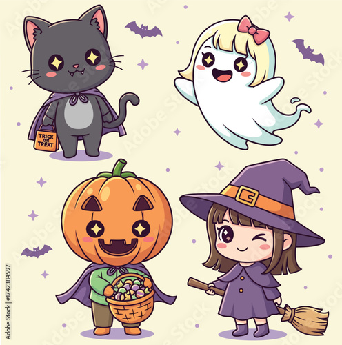Cute halloween characters including a black cat ghost pumpkin man and witch isolated on white background