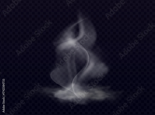 Set of steam or abstract white smog. Isolated on a black background. Wavy steam, fog, haze, gas, hot drinks, food. Vector