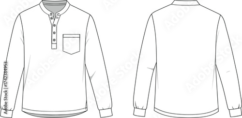 Men long sleeve shirt front and back view, fashion garment technical sketch, casual clothing template, cad drawing flat vector illustration