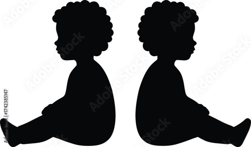 Twin baby silhouette illustration, sitting children vector, toddler profile design, cute infant outline art, childhood concept, black isolated shape graphic