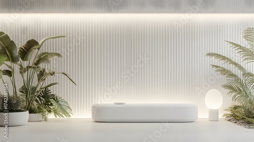 Minimalist interior with plants, soft lighting, and white textured wall