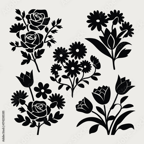 Vector silhouette floral elements for graphic design scalable eps flower arrangements botanical illustrations silhouette White background