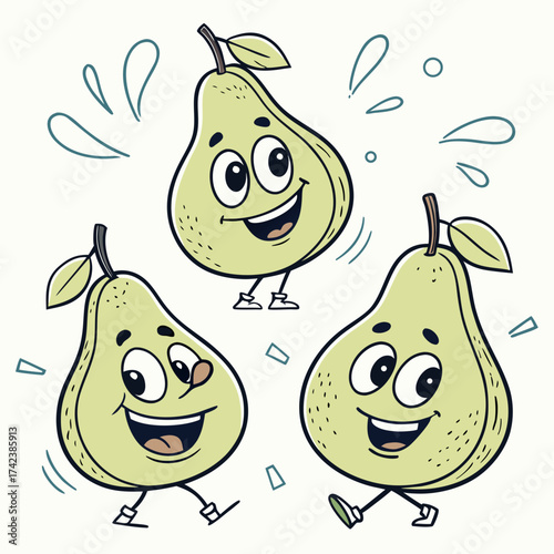 Three happy pears are walking in cartoon style