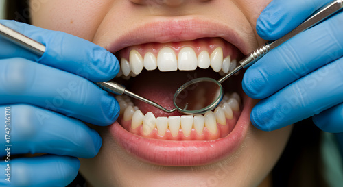 Dental Examination with Dentist Using Mirror and Probe on Patient's Open Mouth in Clinic
