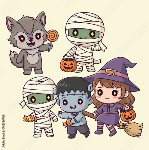 Cute cartoon halloween characters including a werewolf mummy frankenstein and witch holding candy and pumpkins isolated on white background