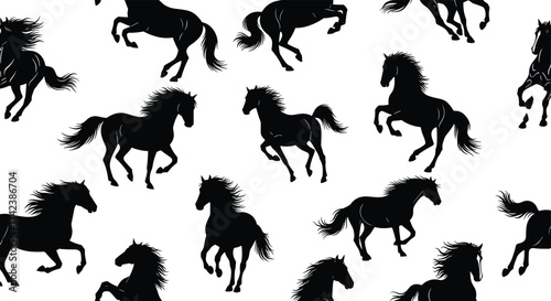 Silhouettes of galloping horses fill the white background in a repeating pattern.
