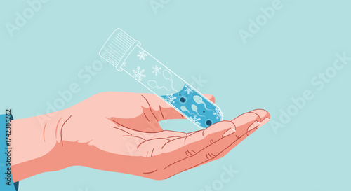A gentle hand carefully holds a clear test tube filled with a bubbly blue liquid and small dark particles.