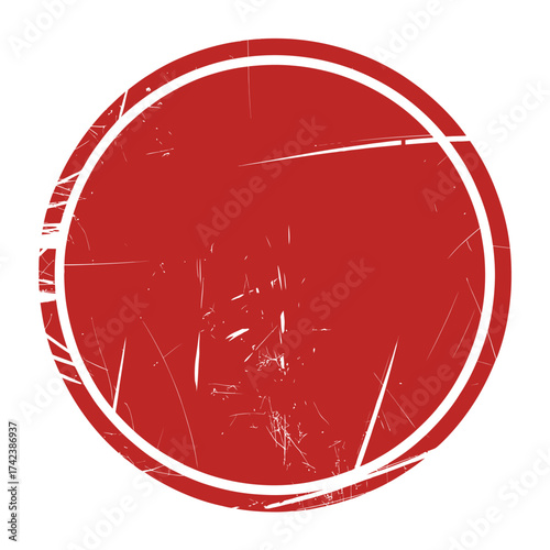Distressed red circle stamp with white outline and scratches