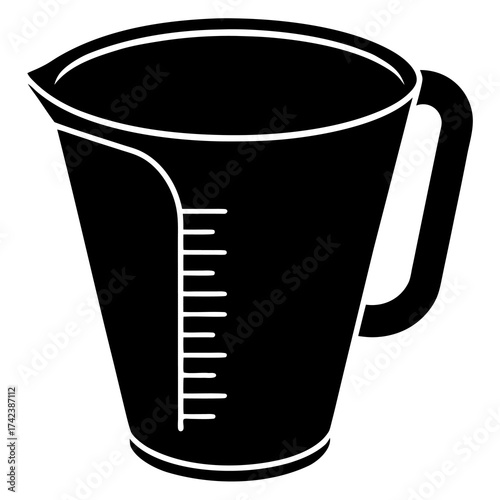 Black silhouette of a measuring cup with white measurement markings and a handle on a white background