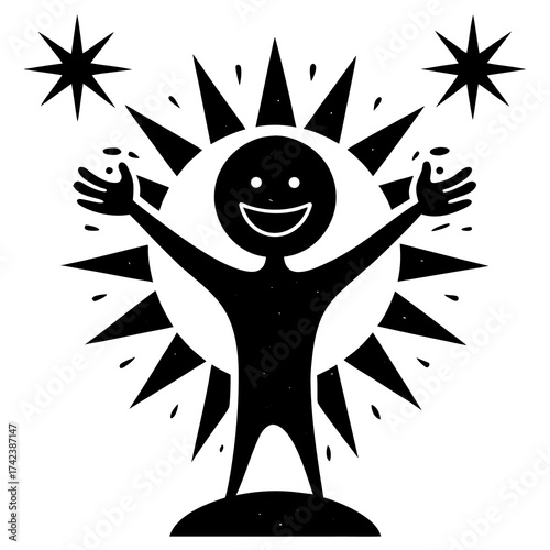 Joyful silhouette figure with radiant sunburst and stars celebrating life and happiness