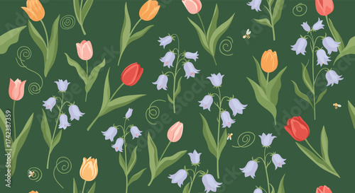 A delightful pattern featuring a charming arrangement of spring tulips and delicate bluebells on a rich green background.
