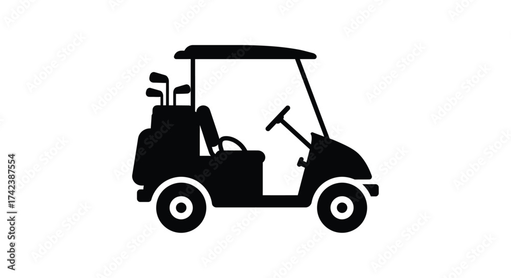 Fototapeta premium Stylized silhouette icon of a golf cart with clubs in back ready for the course isolated on white background silhouette design isolated on white background