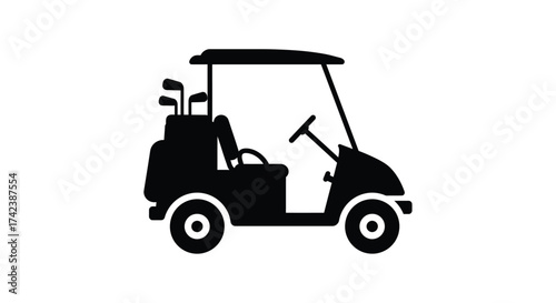 Stylized silhouette icon of a golf cart with clubs in back ready for the course isolated on white background silhouette design isolated on white background